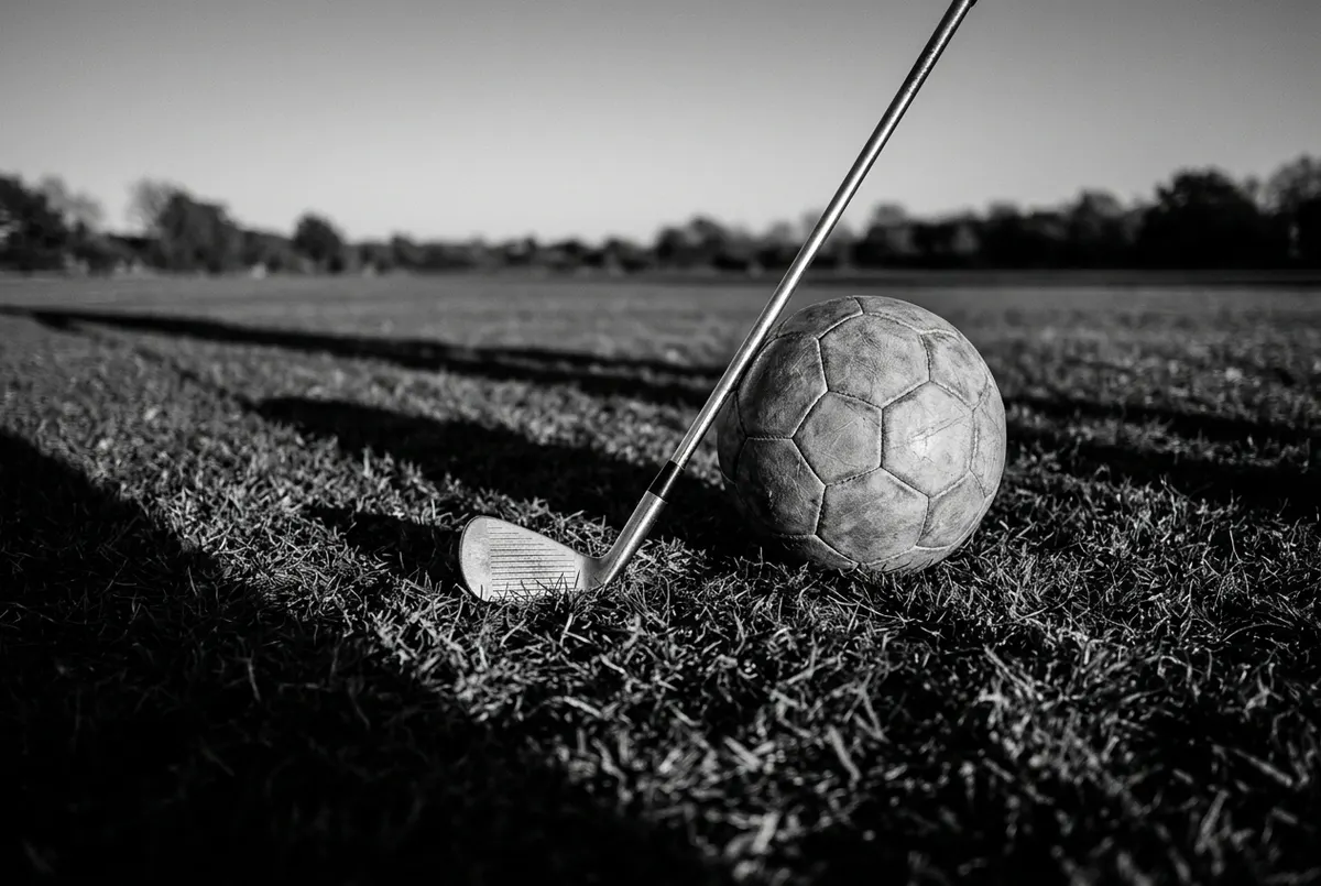 Een golfclub en een voetbal naast elkaar op het gras, in zwart-wit