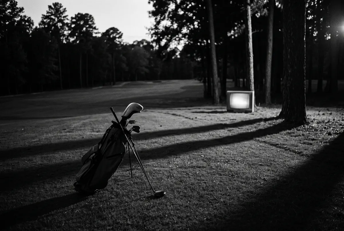 Een golfbaan in zwart-wit met een tv-silhouet op de achtergrond, verwijzend naar golf op het scherm