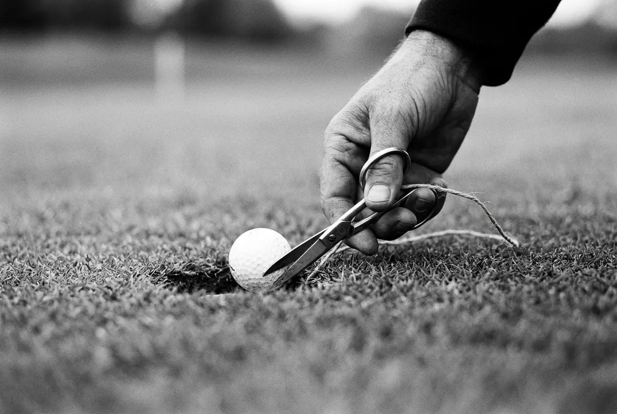 Close-up van een hand die een stukje touw naast een golfbal in een divot afknipt op de fairway