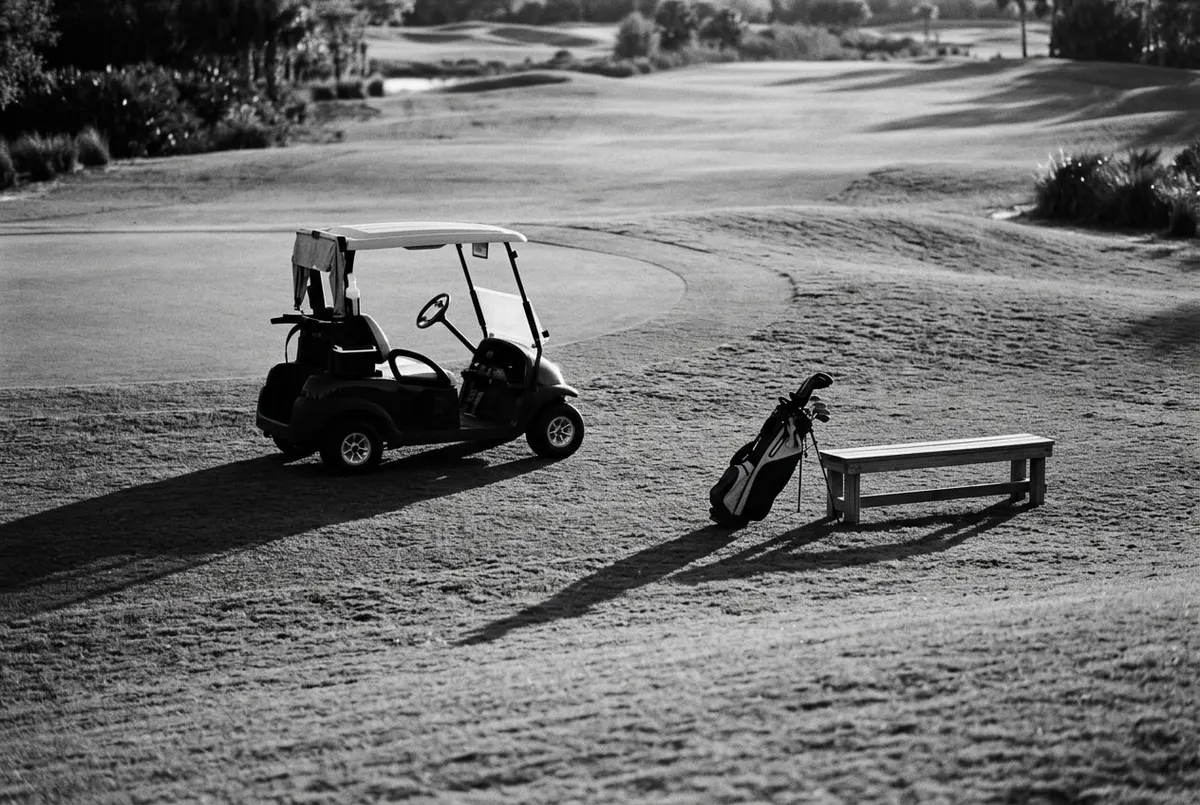 Een verlaten golfbaan in de late namiddag, met lange schaduwen over de fairway
