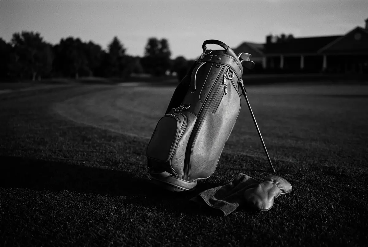 Zwart-gouden premium golftas met ingeperst monogram op een rustige golfbaan bij avondlicht