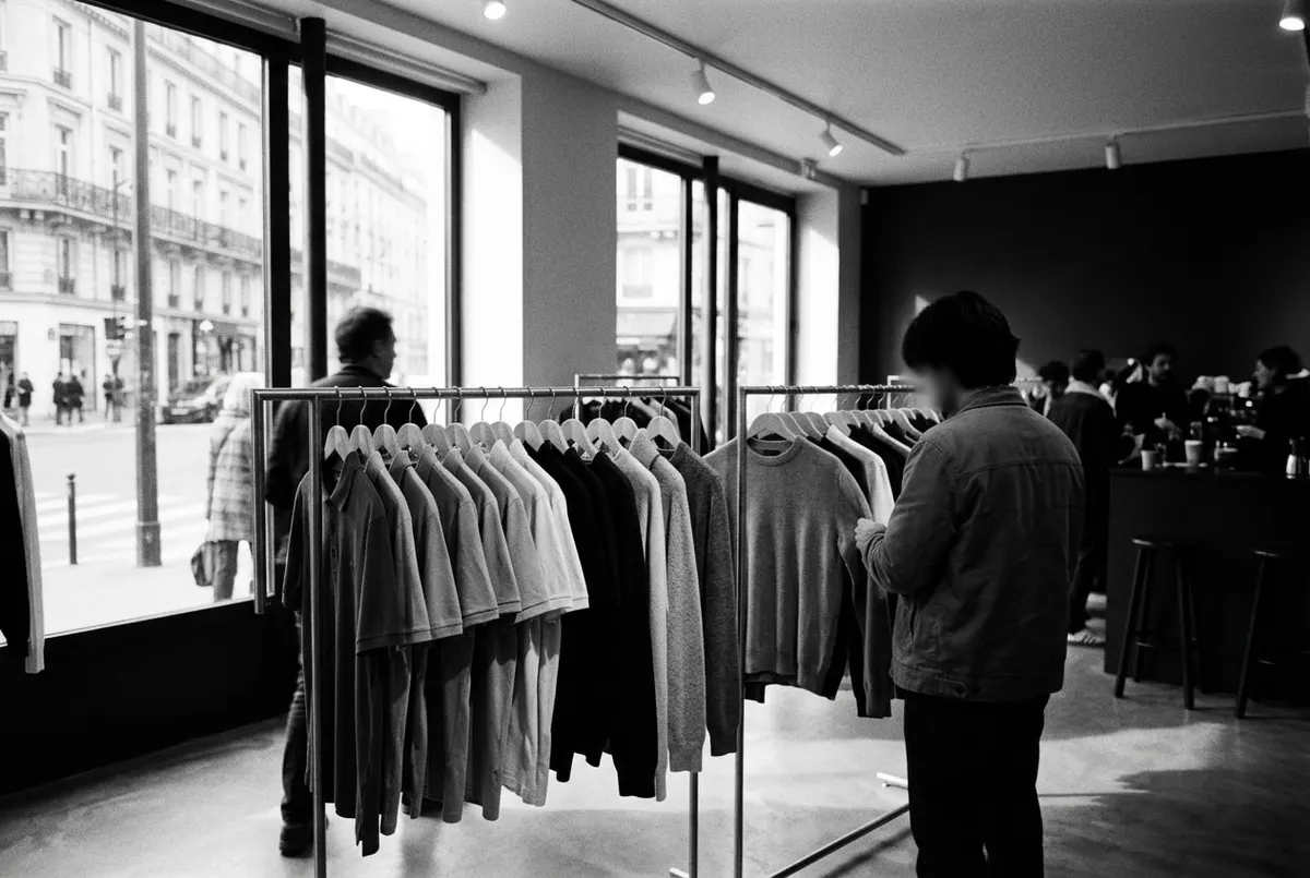Bezoekers bekijken golfkleding aan kledingrekken in een Parijse pop-up showroom tijdens Fashion Week