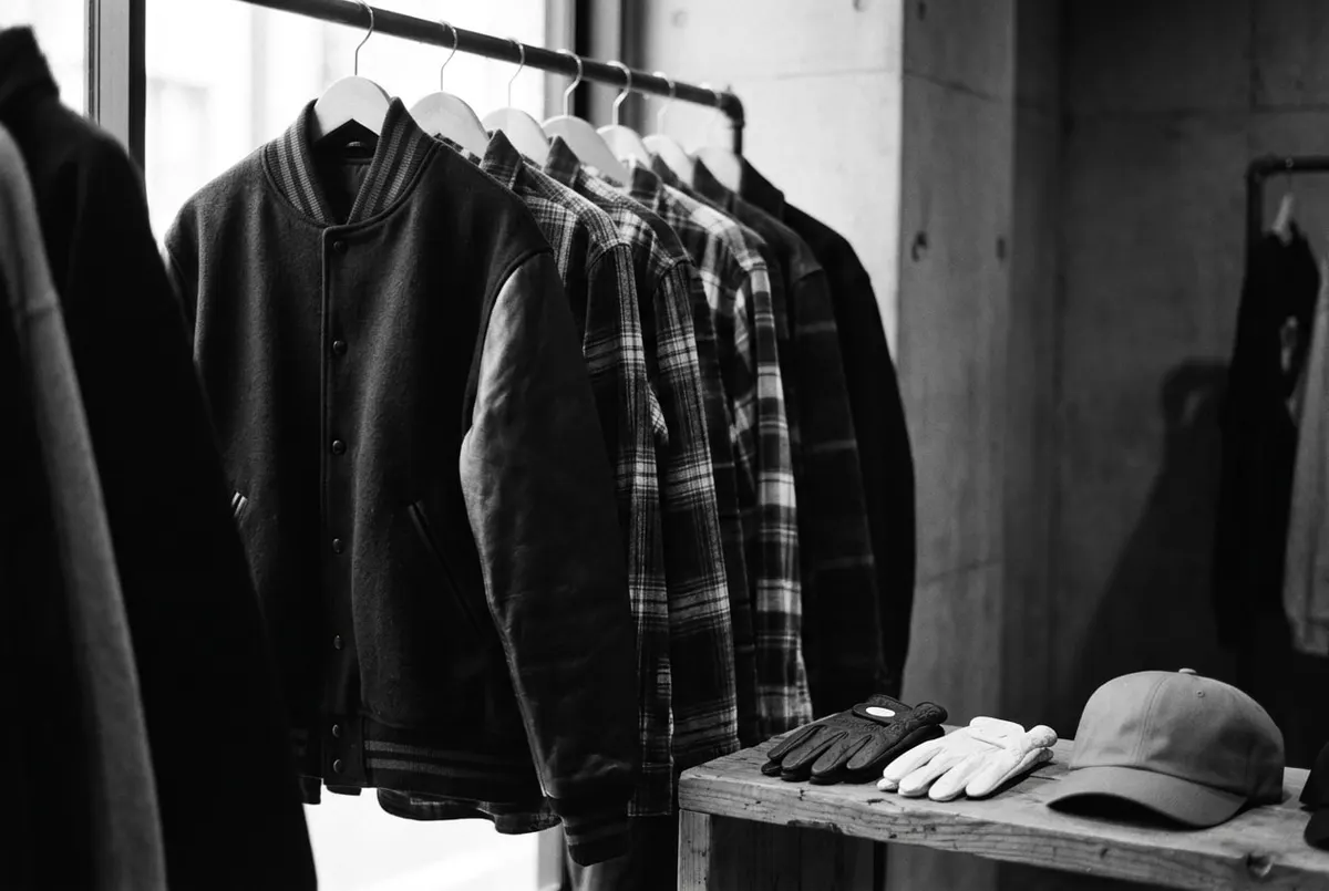 Rek met golfkleding in streetwear-stijl in een zwart-witfoto van een winkelinterieur