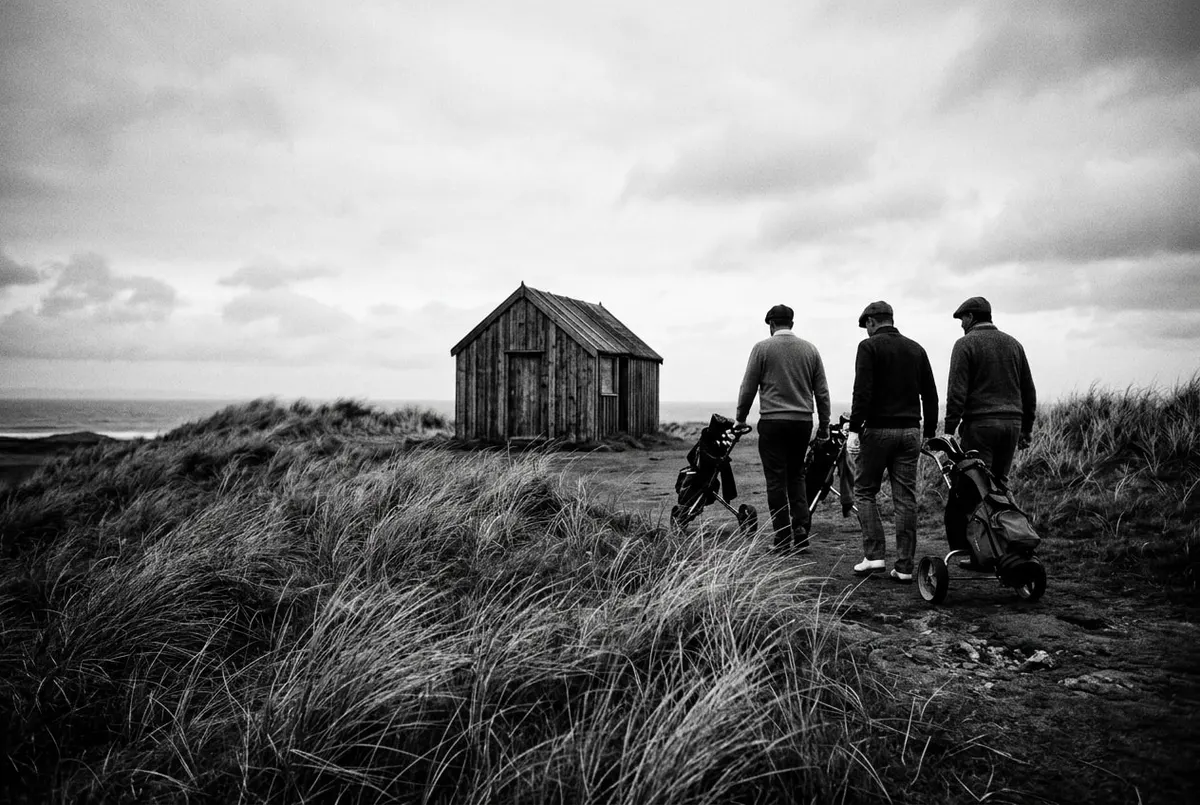 Golfers lopen over een Schotse linksbaan richting een houten halfway house, zwart-witfoto