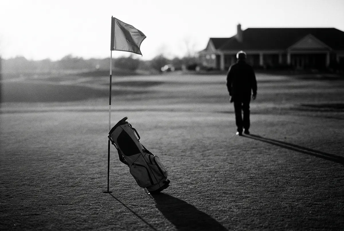 Verlaten golfbaan bij schemer met een golftas tegen de vlaggenstok en een silhouet dat wegloopt, filmische sfeer.
