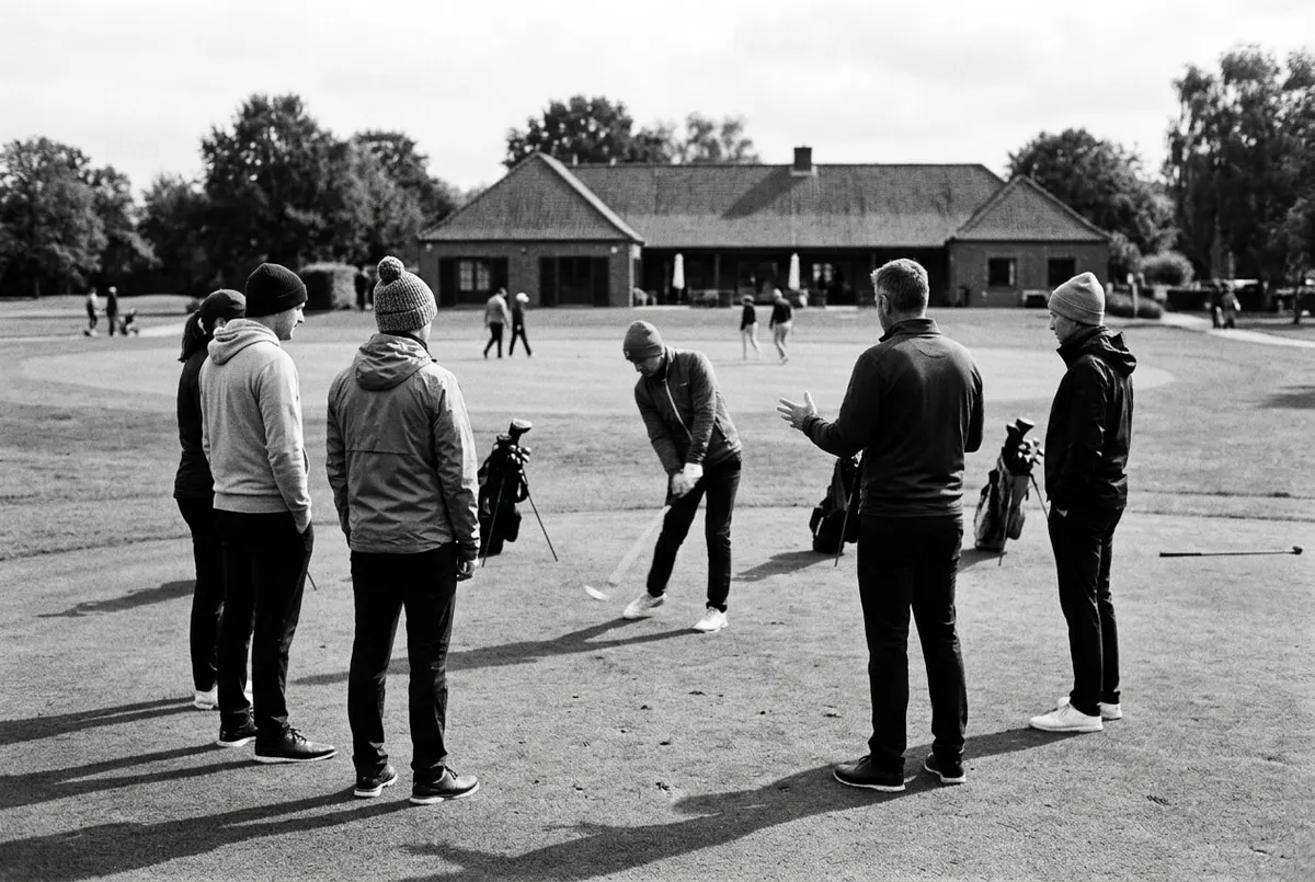 Groep beginners oefent de swing tijdens een golfinitiatie op de oefengreen