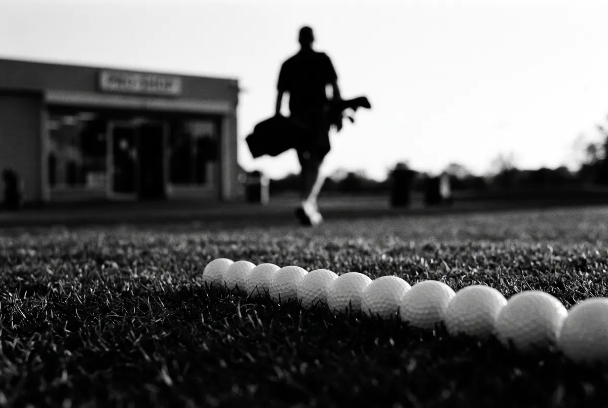 Rij witte golfballen zonder merklogo op gras, met op de achtergrond een wazig silhouet van een golfer die wegloopt richting een pro-shop
