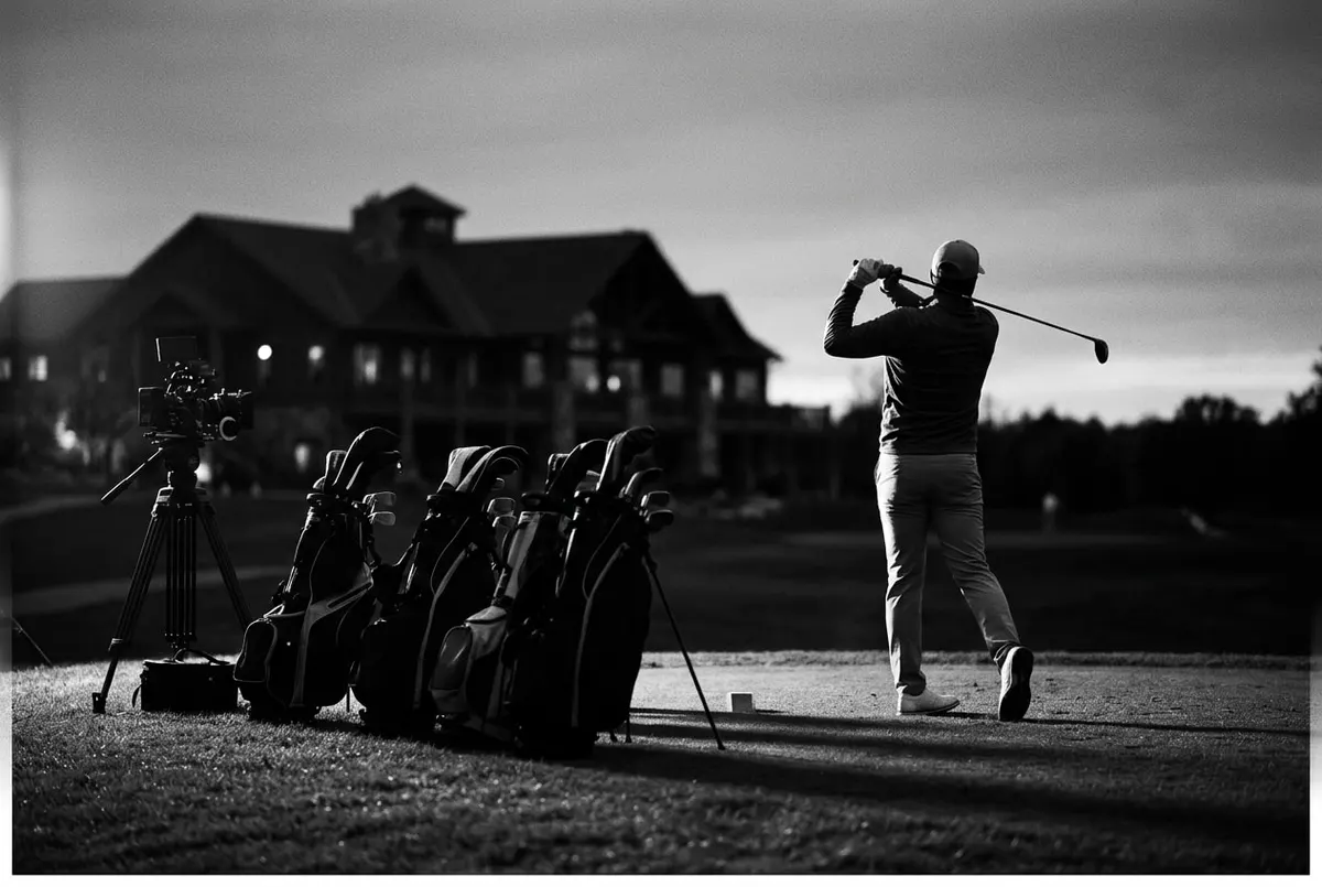 Golfbaan bij schemer met camerastatief en golftassen klaar voor opnames van een YouTube-golftoernooi