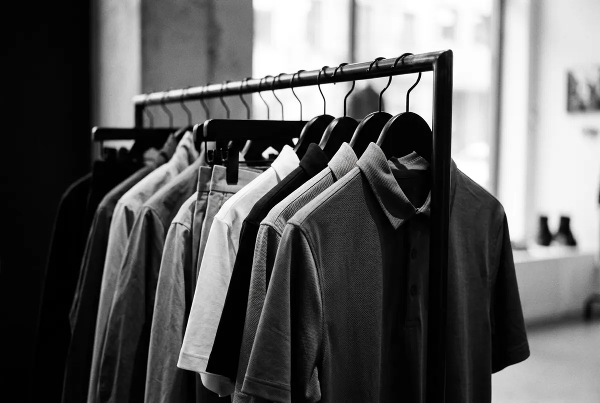 Zwart-witfoto van een rek met minimalistische golfkleding in een kleine conceptstore, zonder personen in beeld.