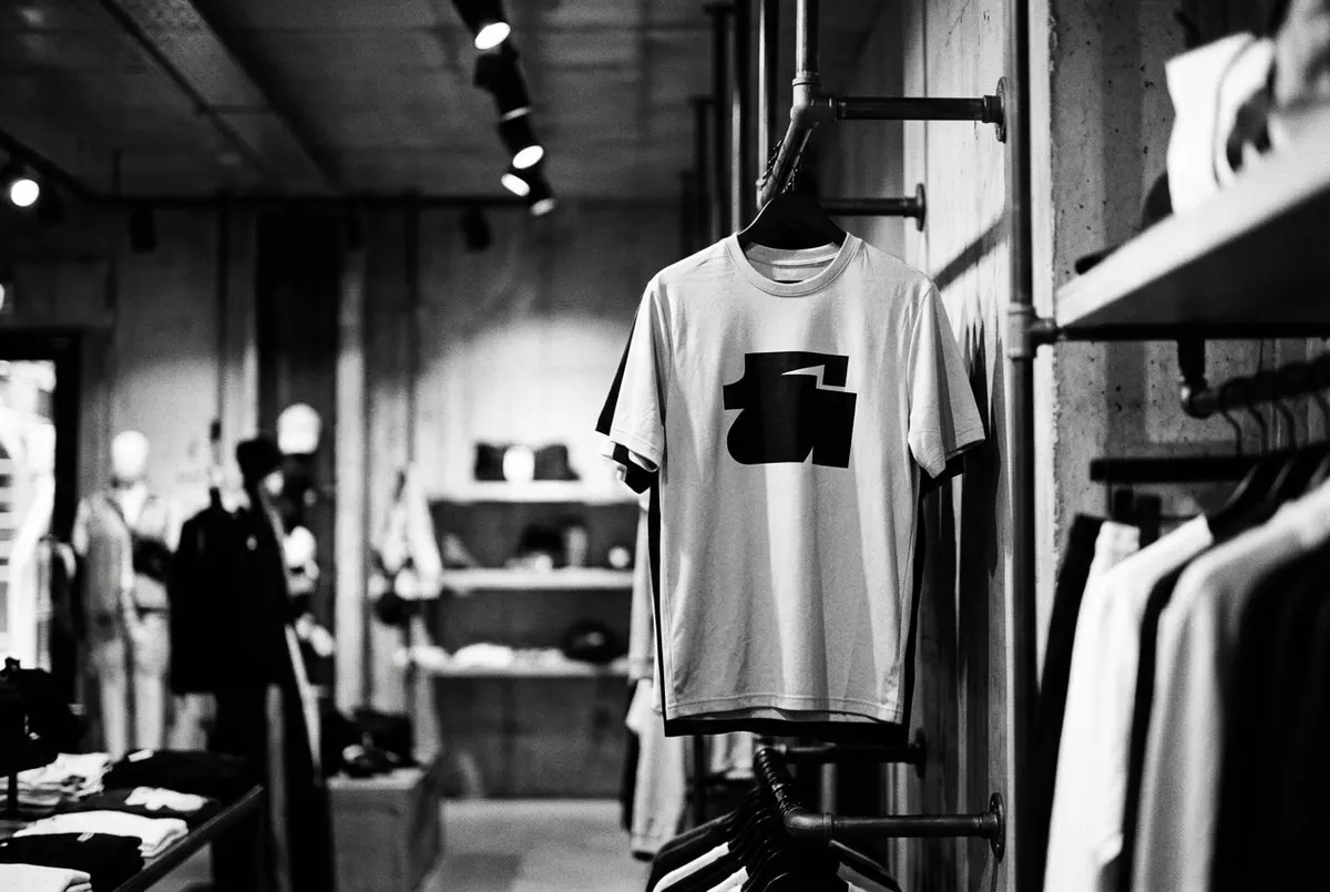 Voetbalshirt met een opvallend logo op de borst, uitgelicht in een winkel met streetwearkleding op de achtergrond.