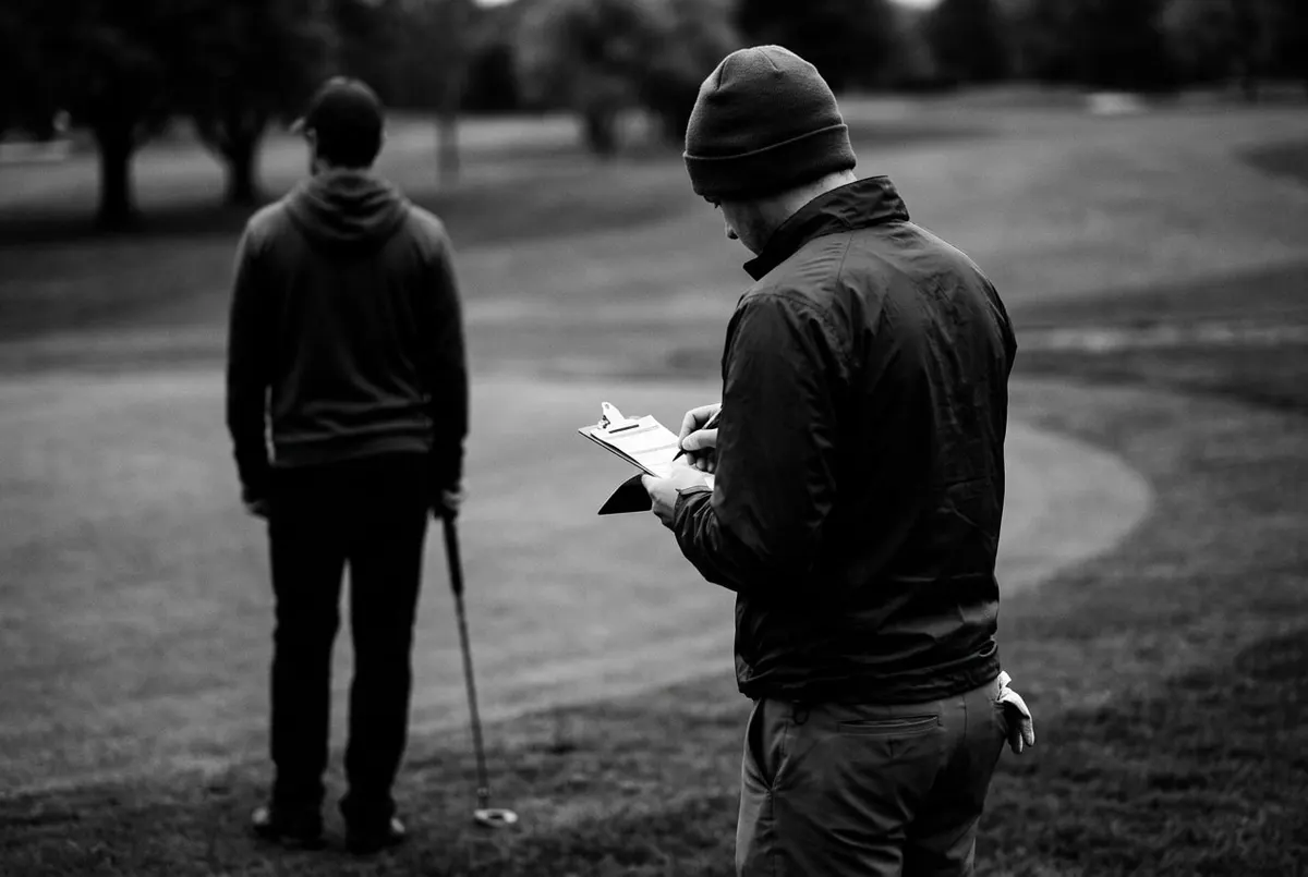 Golfer noteert een score op een scorekaart naast de green, met een medespeler op de achtergrond