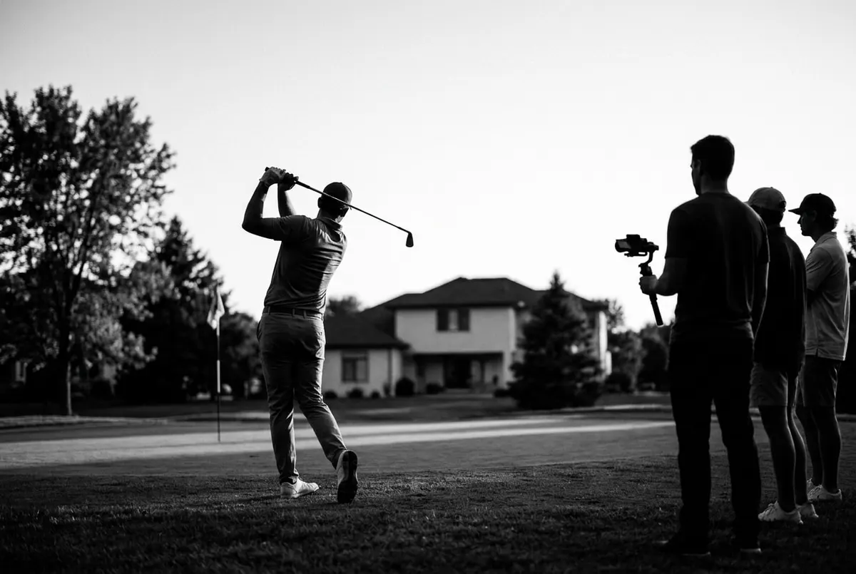 Golfer slaat af op een privébaan terwijl een klein groepje met een camera toekijkt, in zwart-wit
