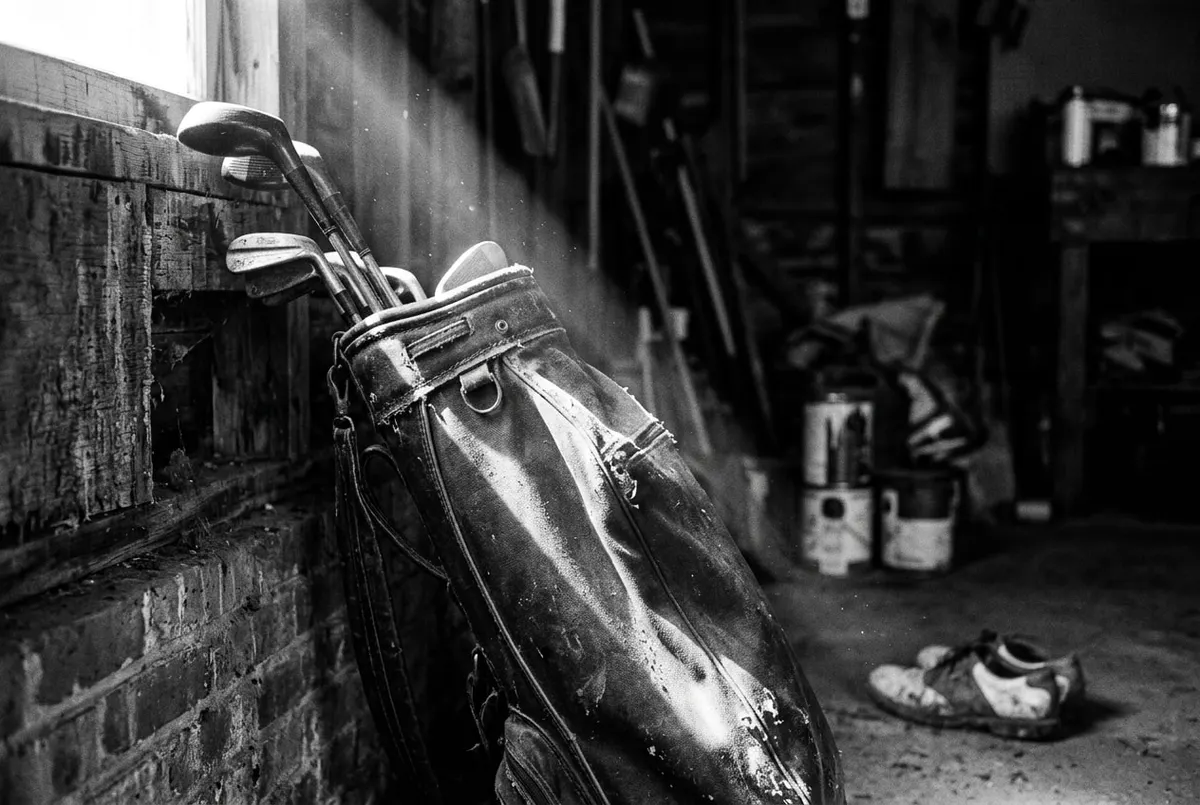 Een verstofte golftas met oude clubs staat in het licht van een garage, klaar om weer gebruikt te worden.