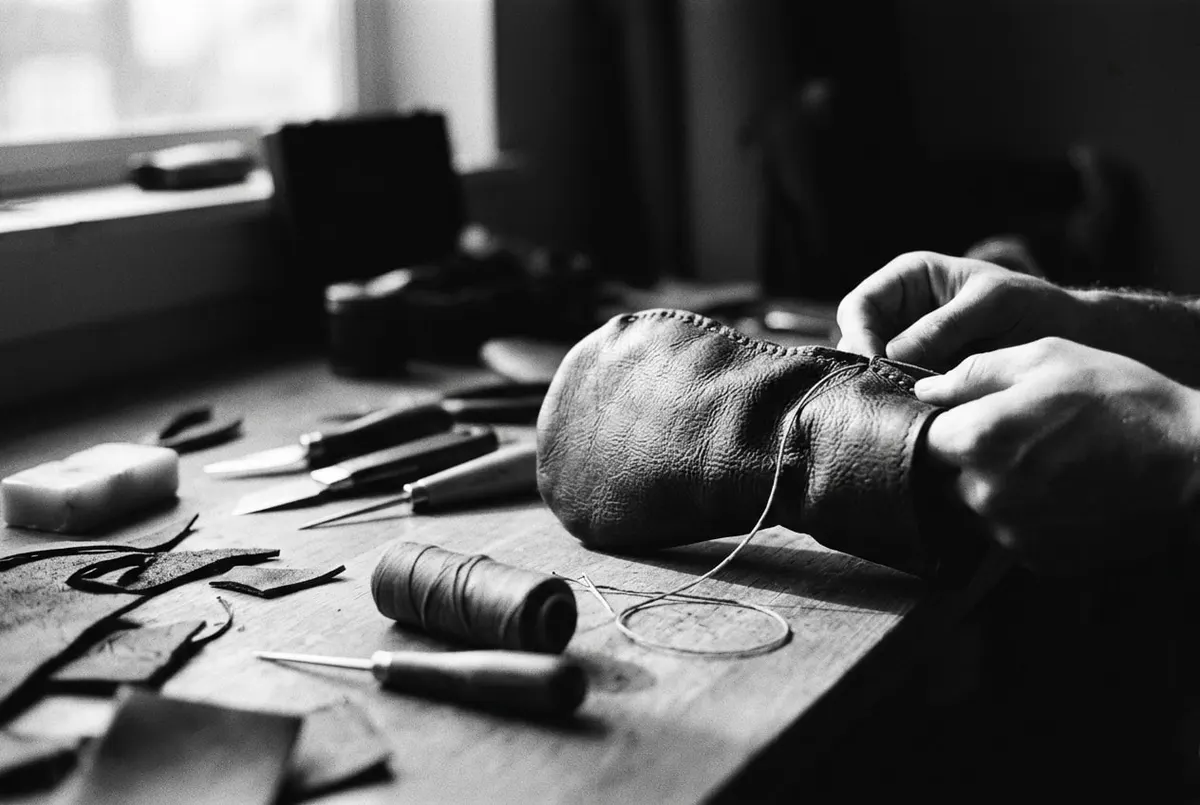 Handgemaakte leren golf headcover in bewerking op een werktafel in een klein atelier