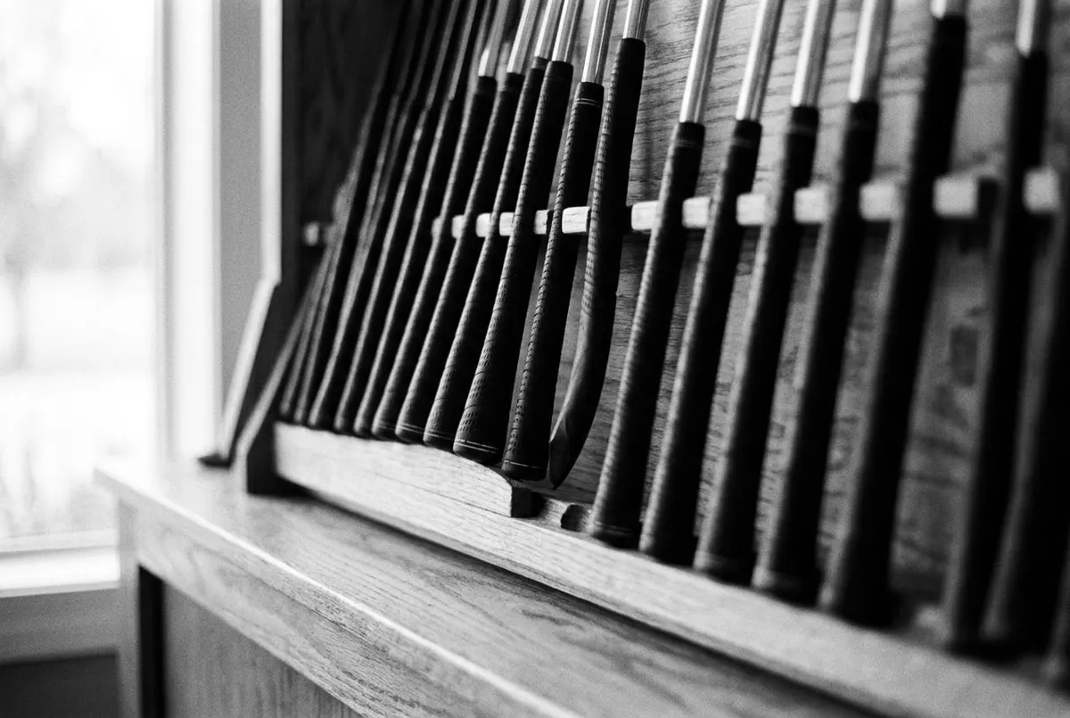 Rek met huurclubs bij een golfbaan, met tussen de rechtshandige grips één omgekeerde linkshandige club