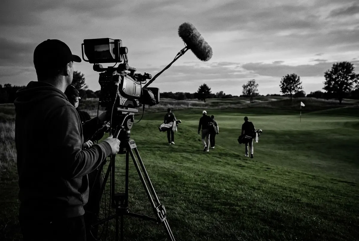 Televisiecamera aan de rand van een golfbaan bij schemering, met silhouetten van spelers in de verte