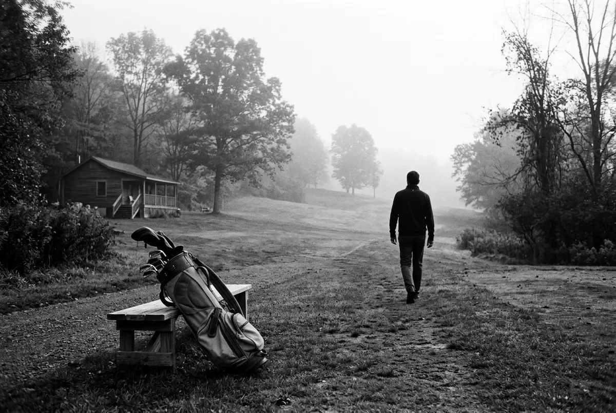 Negen-holes golfbaan in de Catskills in de ochtendmist, met een golftas tegen een bankje en een speler die wegloopt richting de eerste tee